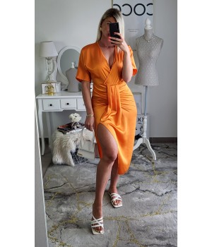 Orange satin dress slit