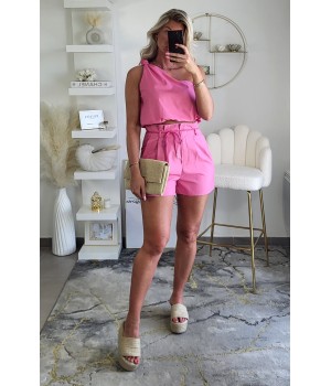 Short taille haute lin rose