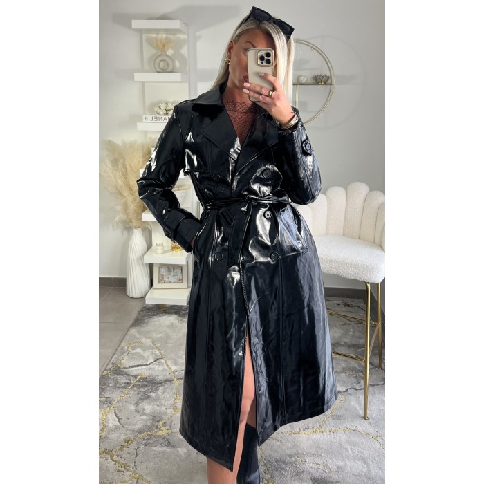 Long black vinyl trench coat
