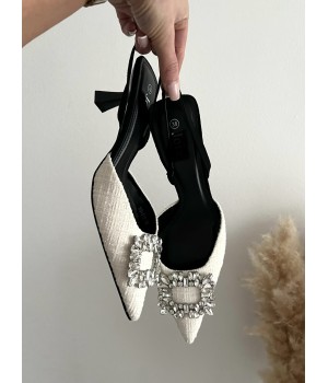 White tweed rhinestone heels