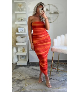 orange draped tulle dress