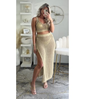 Gold knit slit skirt set
