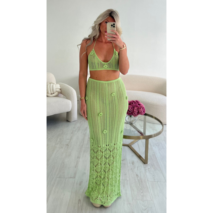 Ensemble jupe crochet fleurs vert