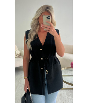 Black sleeveless gold...
