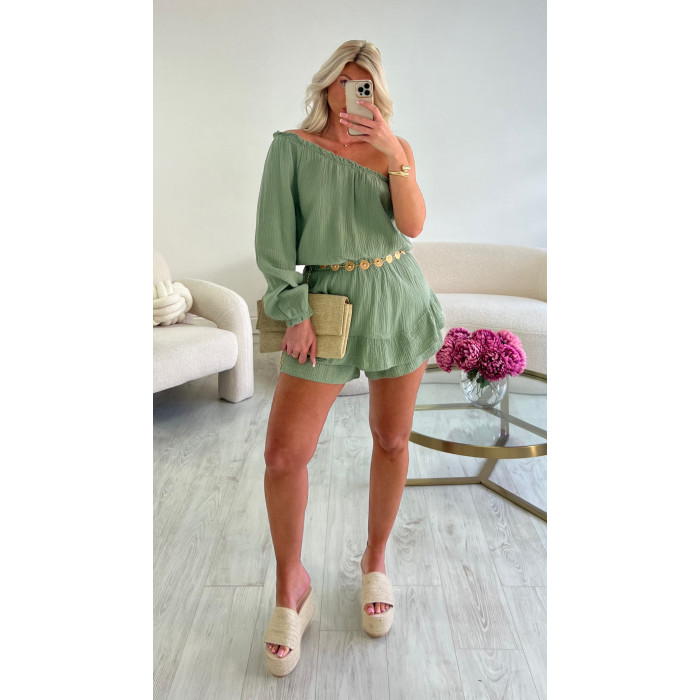 Combishort gaz de coton kaki