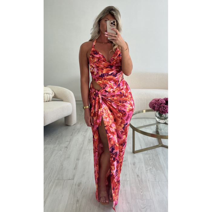 Ensemble jupe longue fleuri rose fendu
