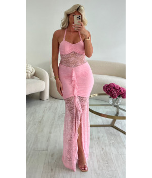 Robe dentelle longue rose