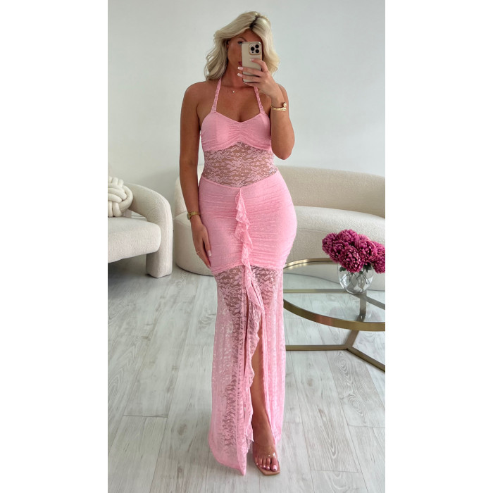 Robe dentelle longue rose