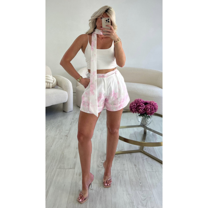 short blanc fleurs rose