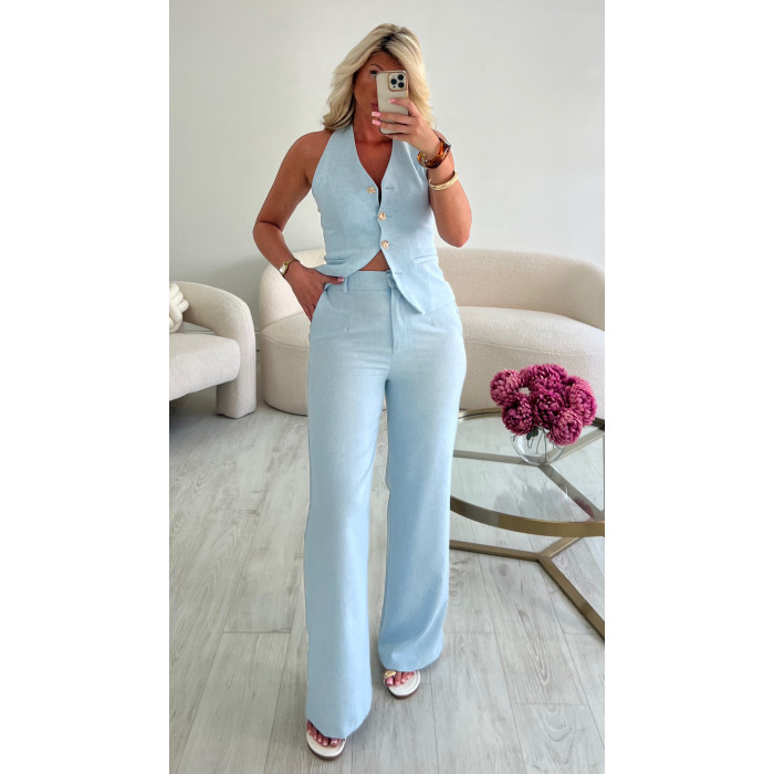 Pantalon tailleur lin bleu