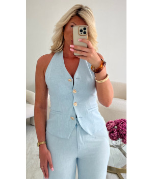 Pantalon tailleur lin bleu