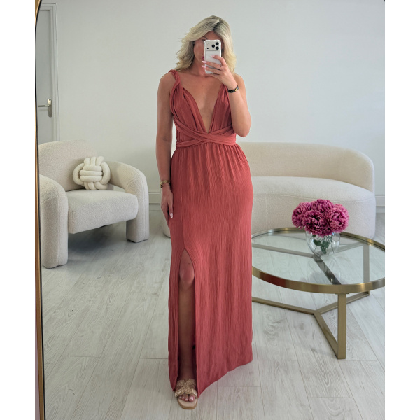 terracotta backless slit dress - DRESS DESIREE
