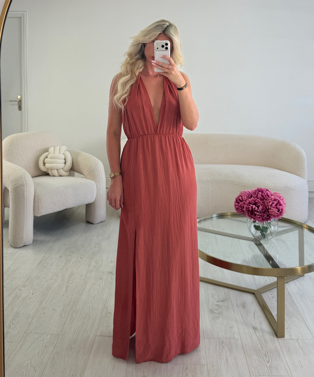 terracotta backless slit dress