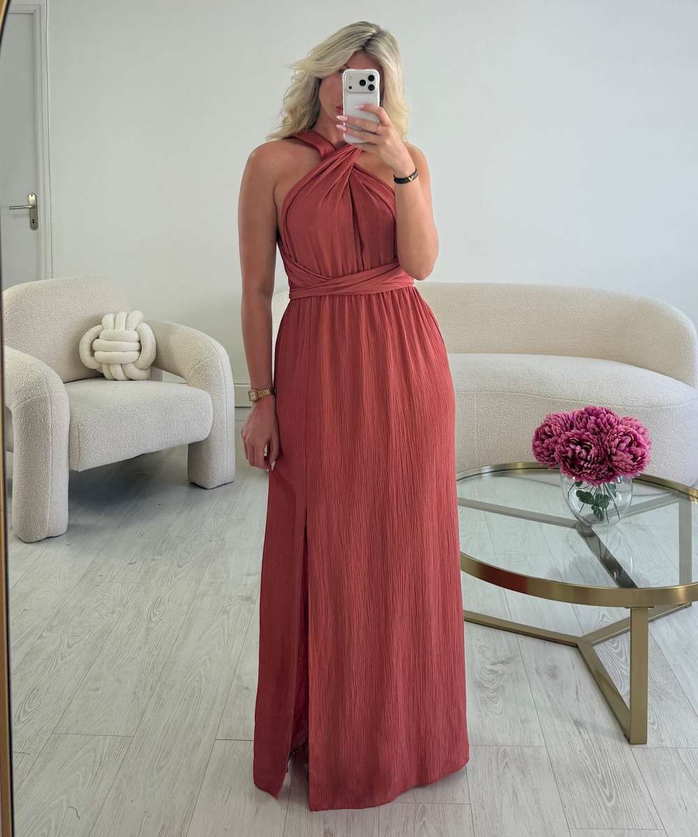 terracotta backless slit dress - DRESS DESIREE
