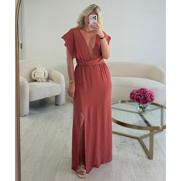 terracotta backless slit dress - DRESS DESIREE