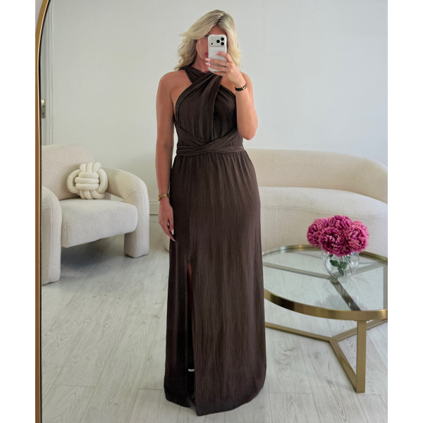 Brown backless slit dress - DRESS DESIREE