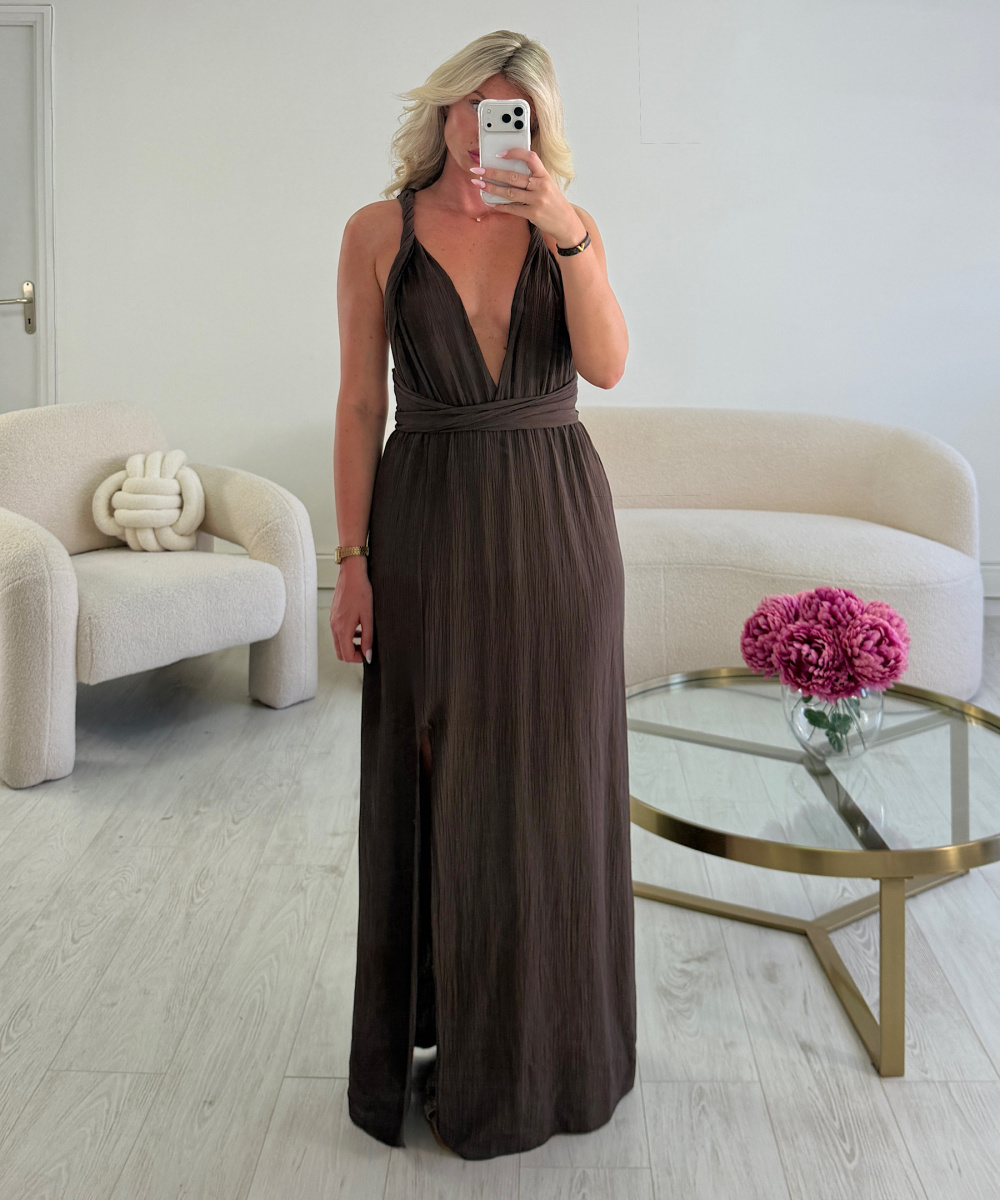 Brown backless slit dress - DRESS DESIREE