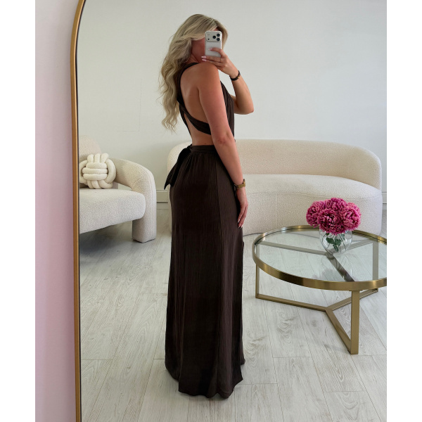 Brown backless slit dress - DRESS DESIREE