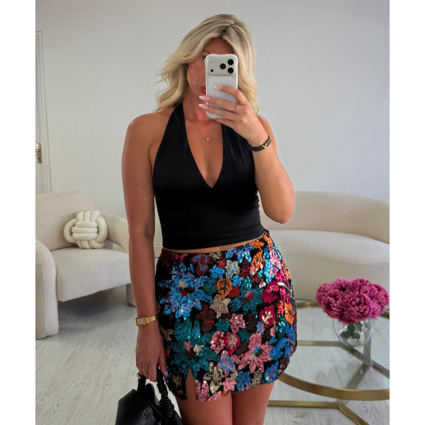 Colorful Black Sequin Skirt with Slit - DRESS DESIREE