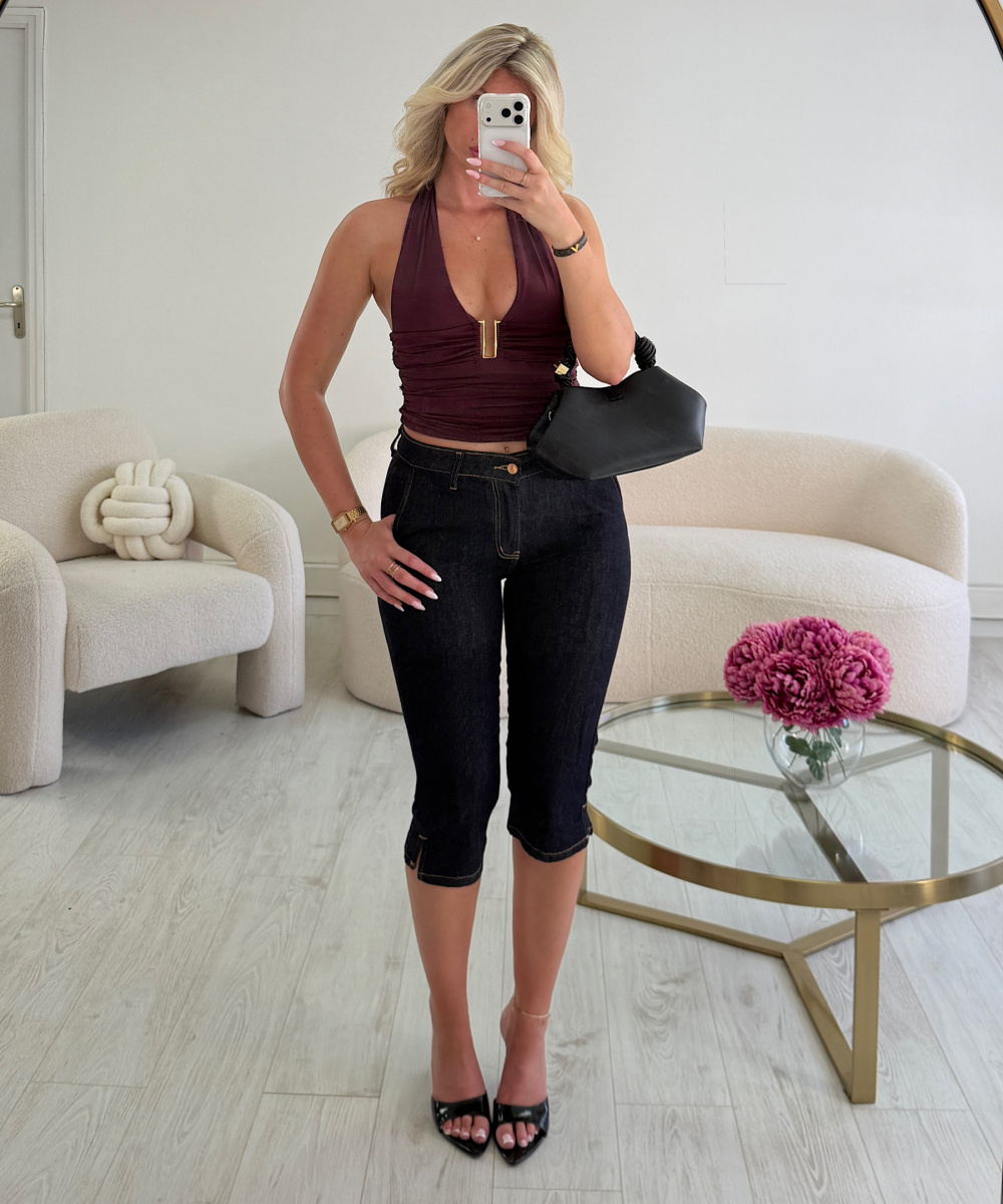Raw Denim Stretch Capri Pants with Slit