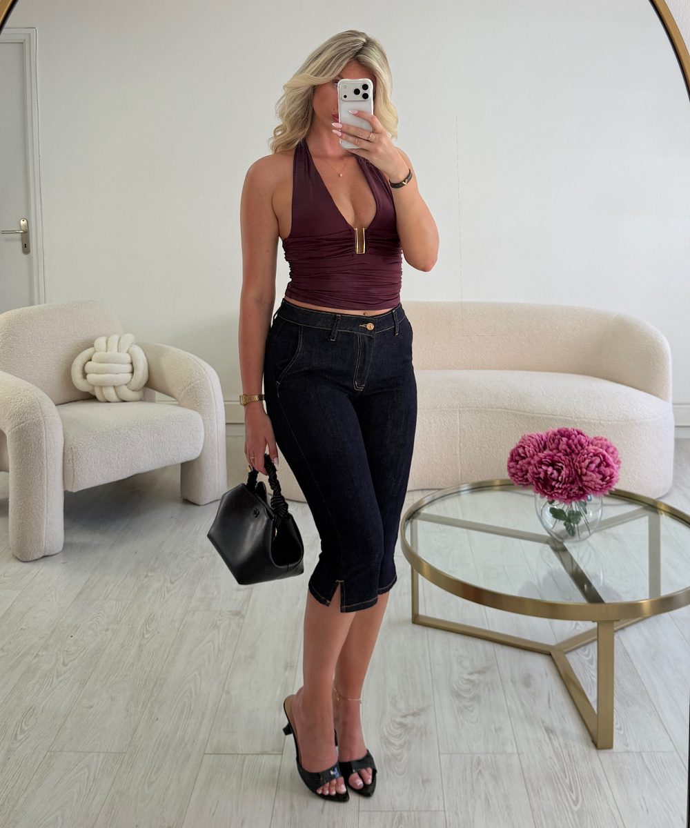 Raw Denim Stretch Capri Pants with Slit