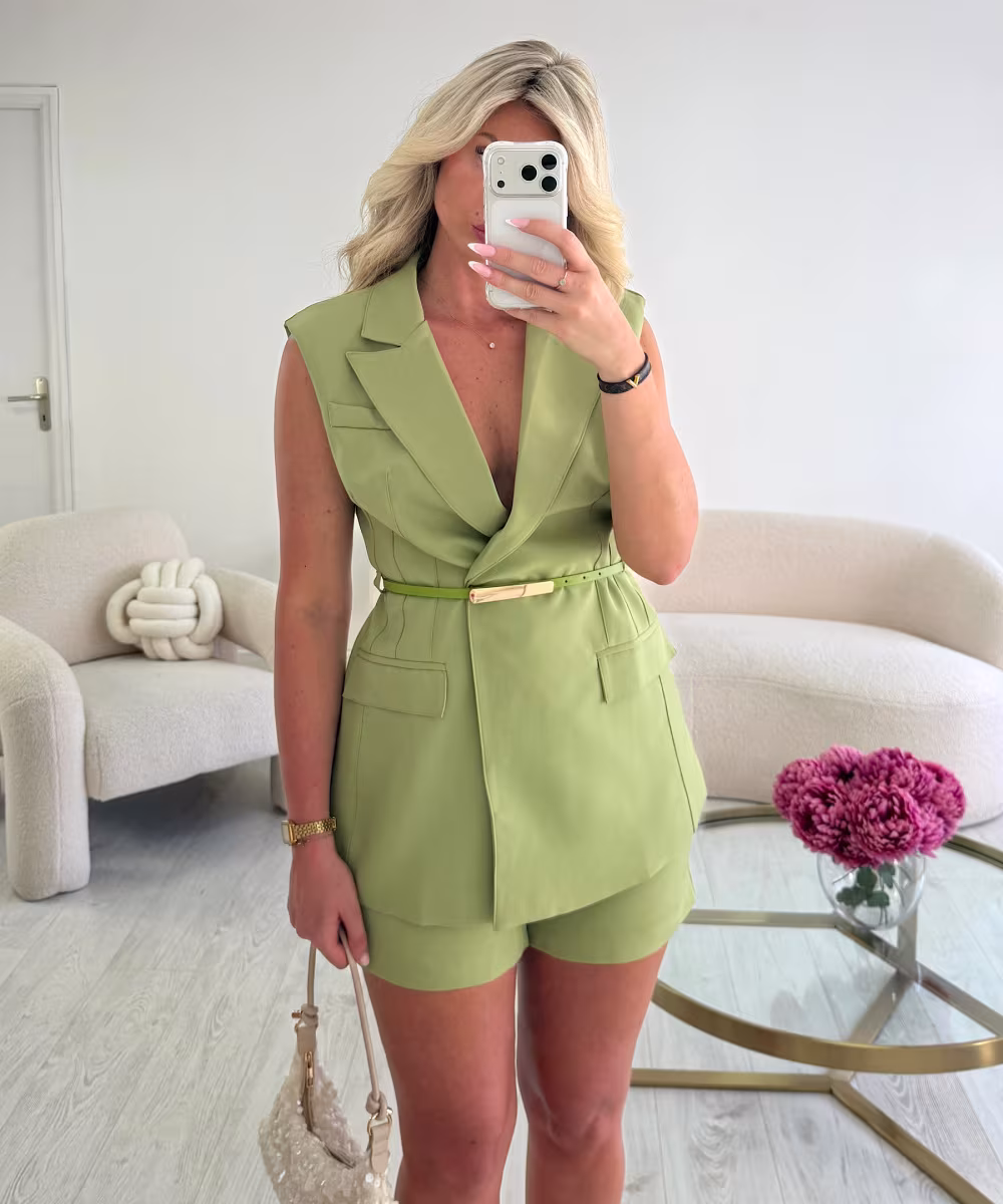 Ensemble blazer sans manche short sauge - DRESS DESIREE