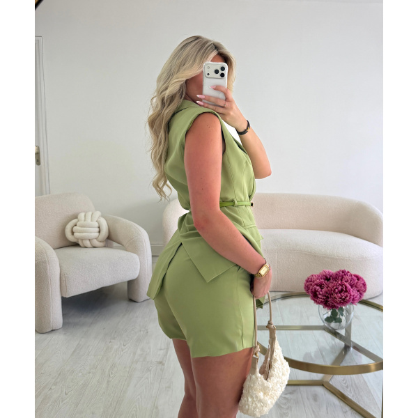 Sleeveless Blazer and green Shorts Set
