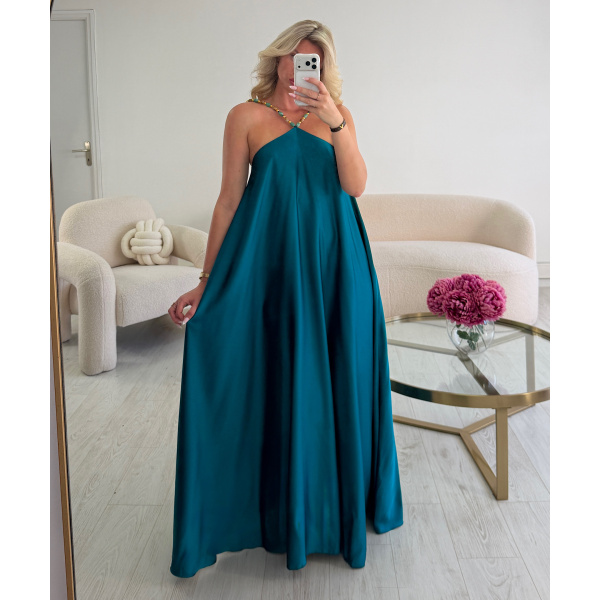 Robe longue ras cou perles satin turquoise -  DRESS DESIREE