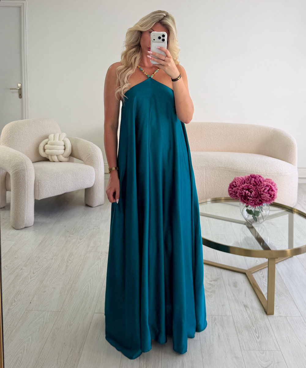 Robe longue ras cou perles satin turquoise -  DRESS DESIREE