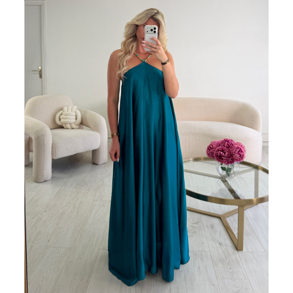 Robe longue ras cou perles satin turquoise -  DRESS DESIREE