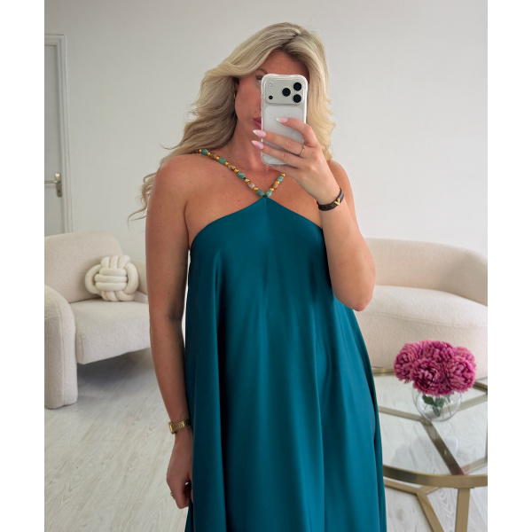 Robe longue ras cou perles satin turquoise -  DRESS DESIREE