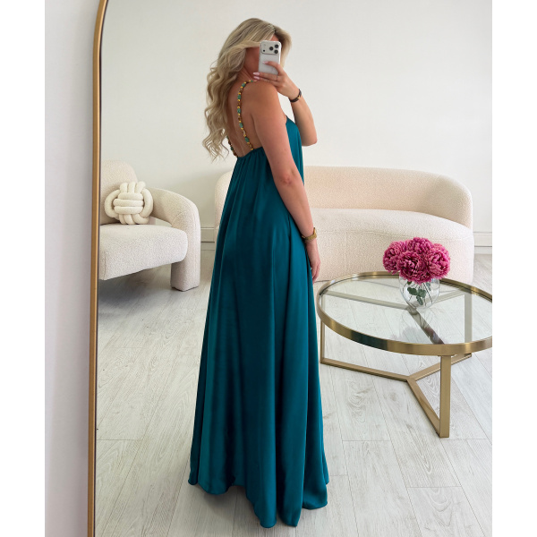 Robe longue ras cou perles satin turquoise -  DRESS DESIREE