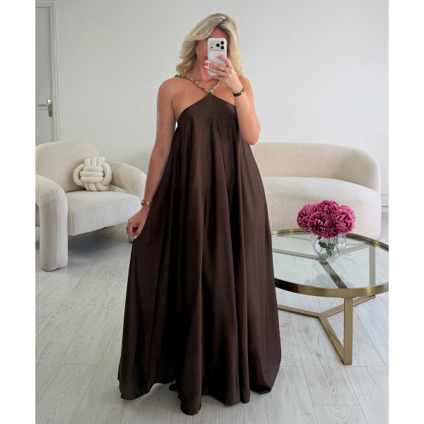 Long Chocolate Satin Dress with Pearl-Embellished Crew Neck - DRESS DESIREE