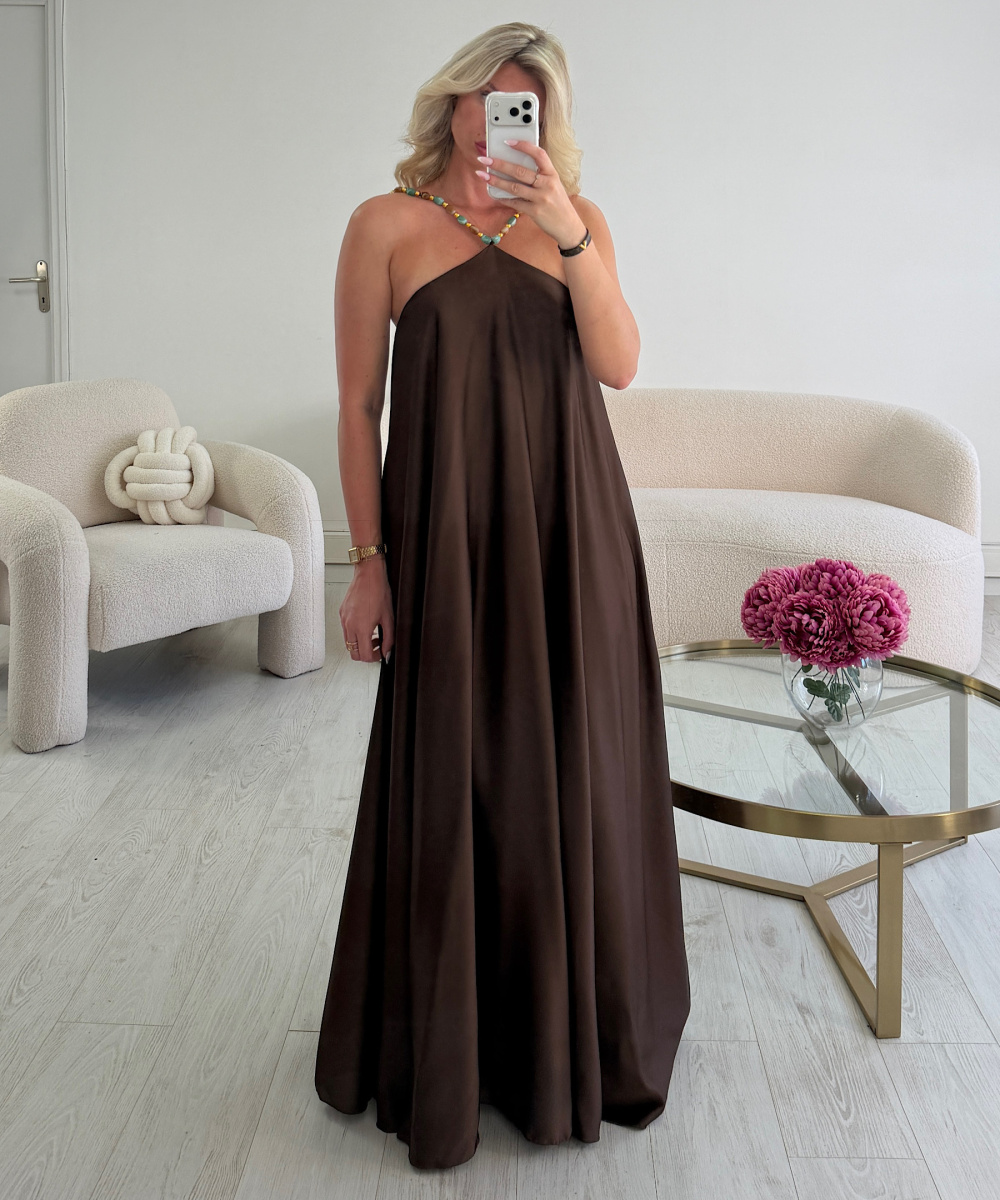 Long Chocolate Satin Dress with Pearl-Embellished Crew Neck - DRESS DESIREE