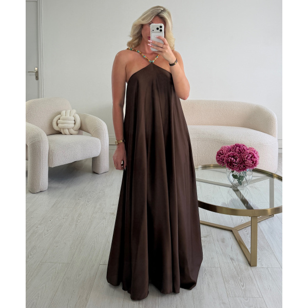Robe longue ras cou perles satin choco -  DRESS DESIREE