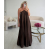Robe longue ras cou perles satin choco -  DRESS DESIREE