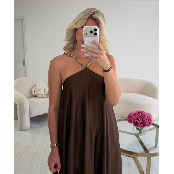 Robe longue ras cou perles satin choco -  DRESS DESIREE
