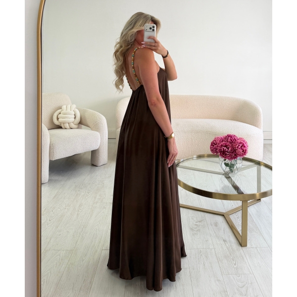 Robe longue ras cou perles satin choco -  DRESS DESIREE