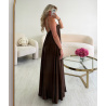 Robe longue ras cou perles satin choco -  DRESS DESIREE