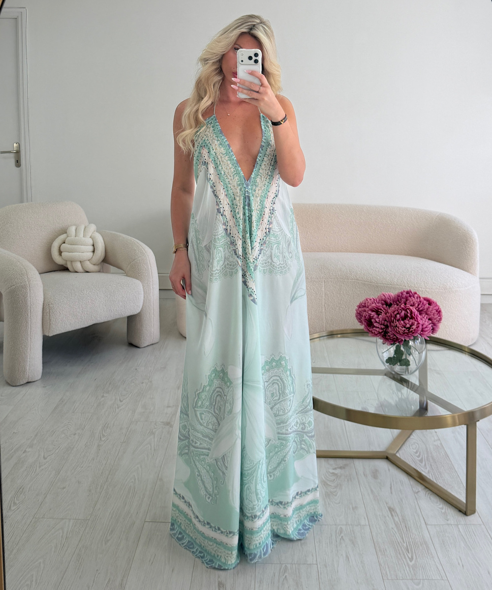 Long green-print backless dress - DRESS DESIREE