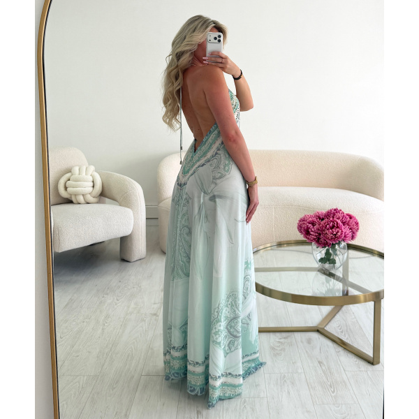 Long green-print backless dress - DRESS DESIREE