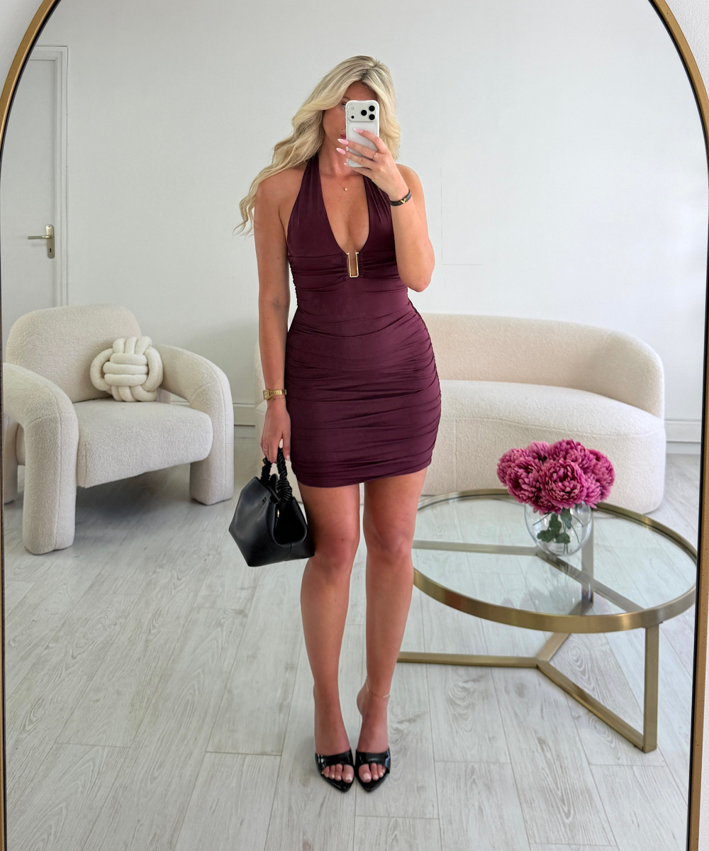 Short Plum Dress with Details - DRESS DESIREE