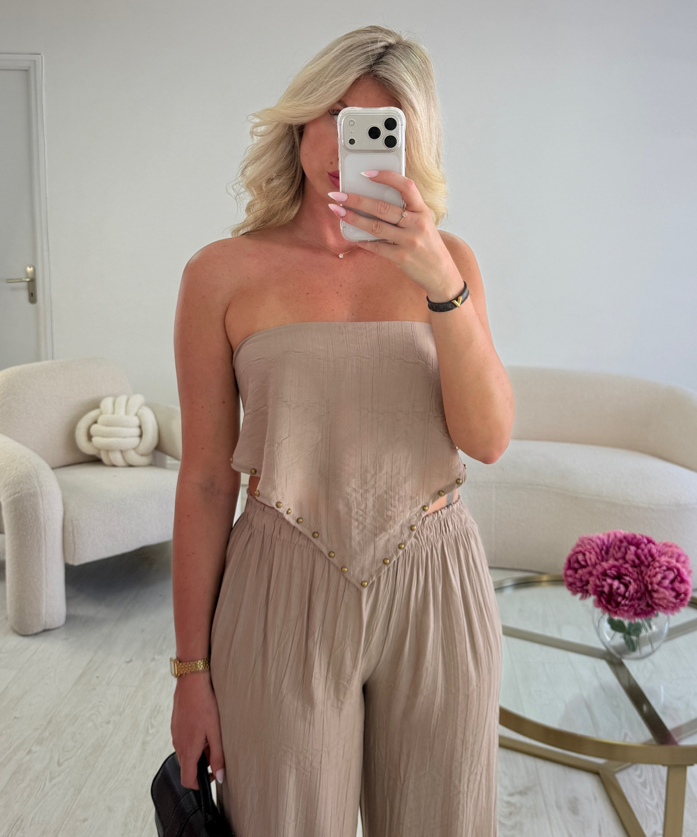 Taupe Flowy Pants with Scarf Detail