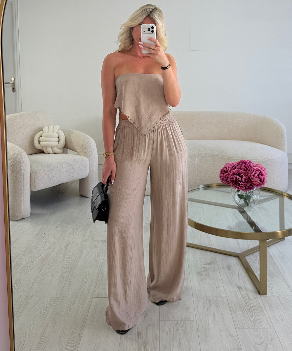 Taupe Flowy Pants with Scarf Detail - DRESS DESIREE