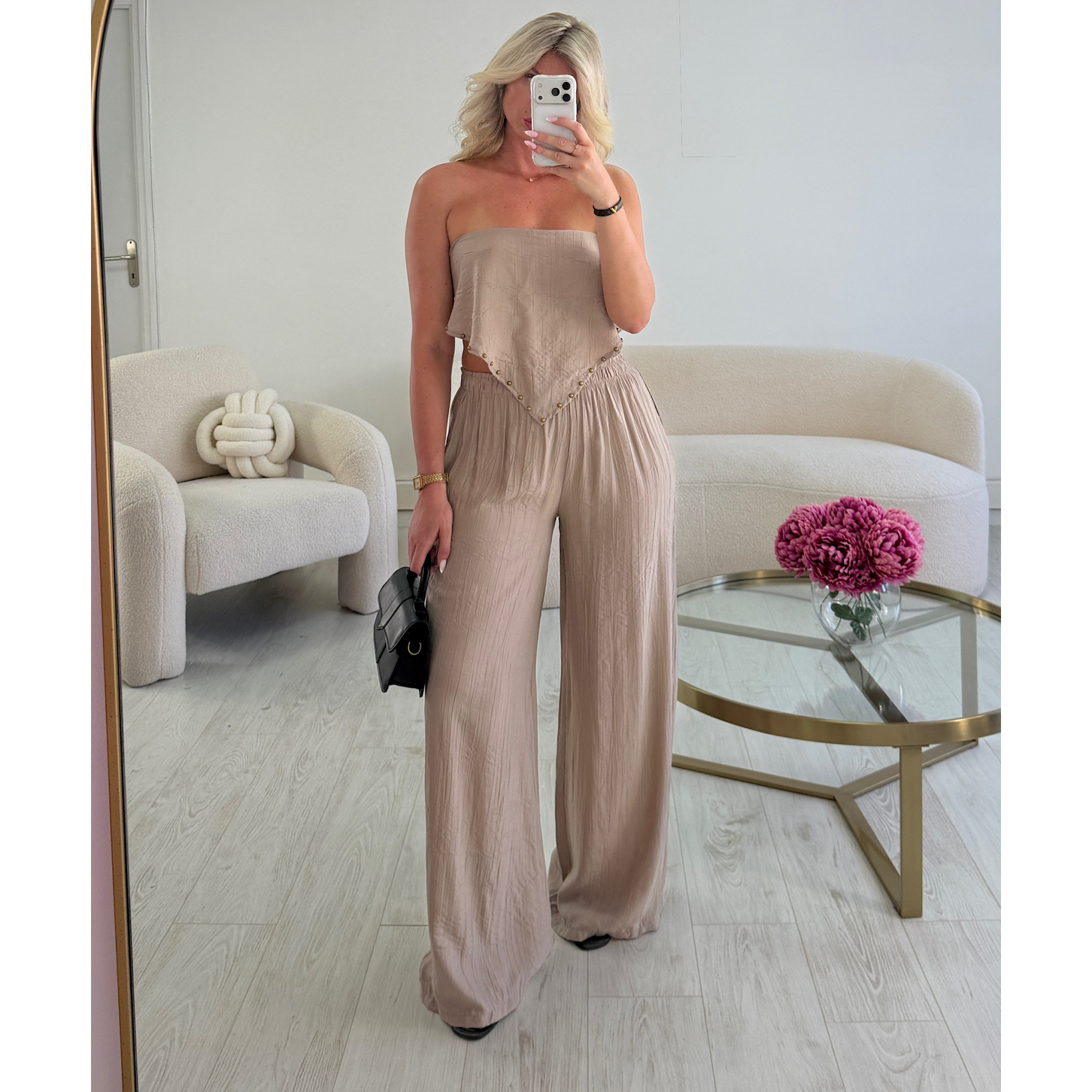 Taupe Flowy Pants with Scarf Detail - DRESS DESIREE