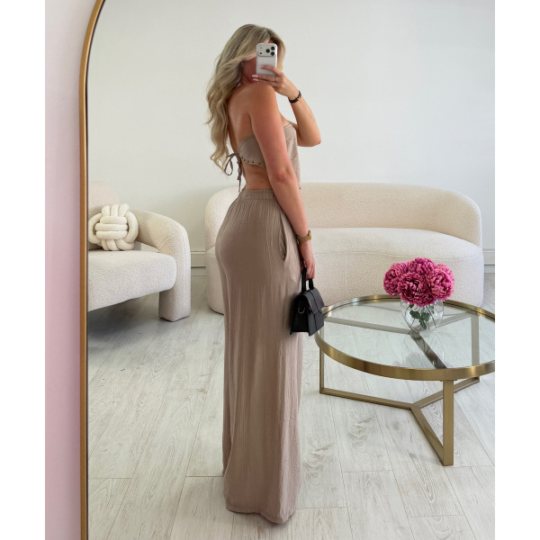 Taupe Flowy Pants with Scarf Detail - DRESS DESIREE