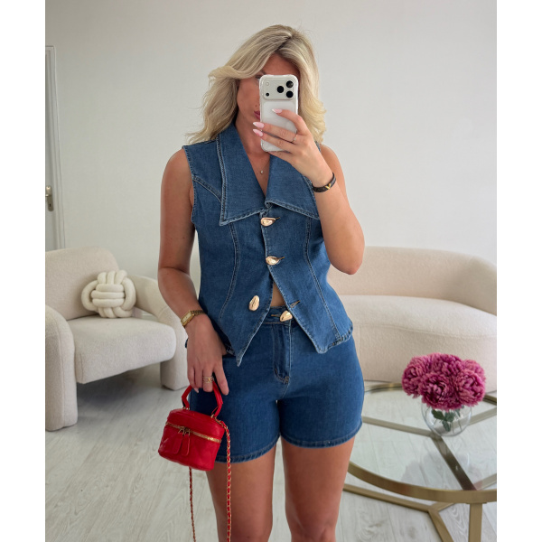 Blue Denim Shorts Set - Details - DRESS DESIREE