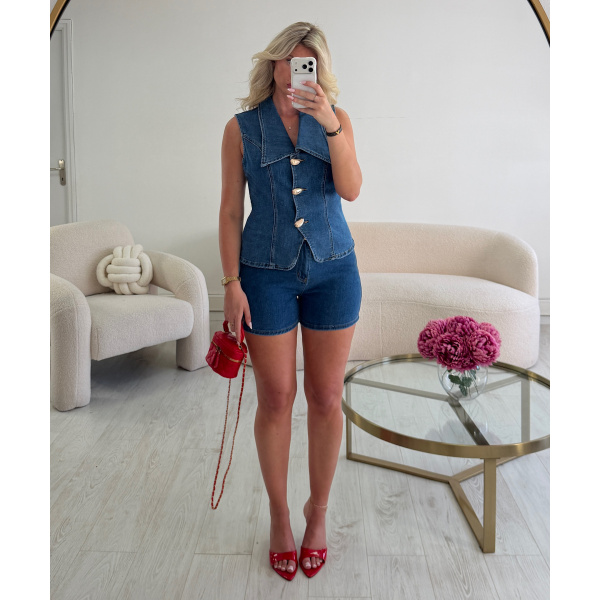 Blue Denim Shorts Set - Details - DRESS DESIREE