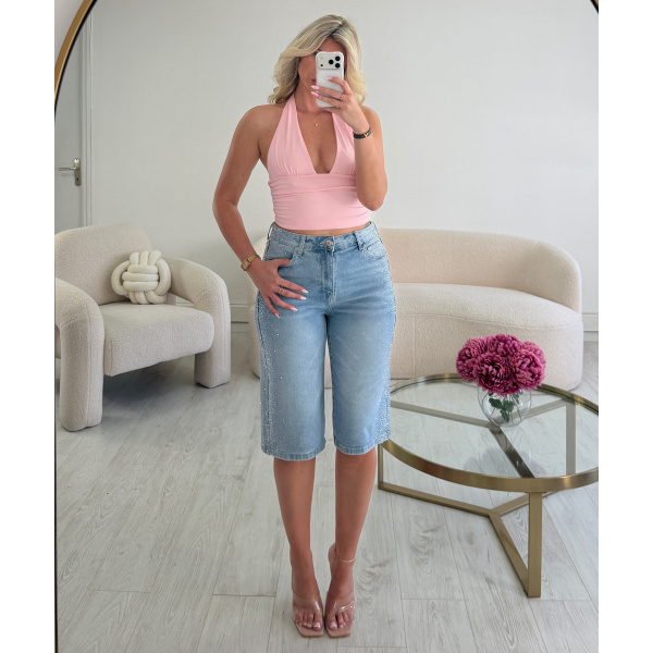 Rhinestone Denim Bermuda Shorts - DRESS DESIREE