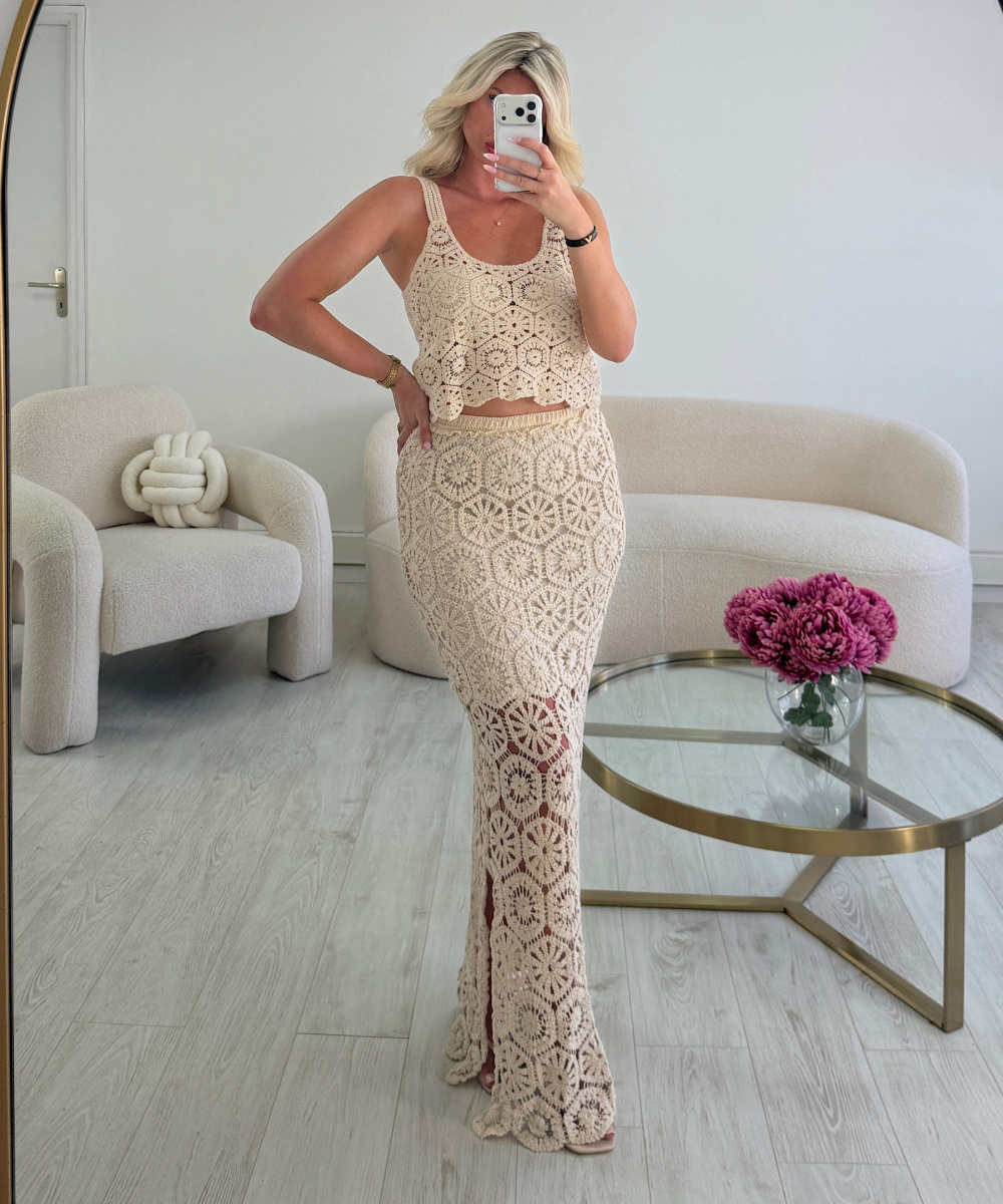 Ensemble jupe longue crochet beige - DRESS DESIREE
